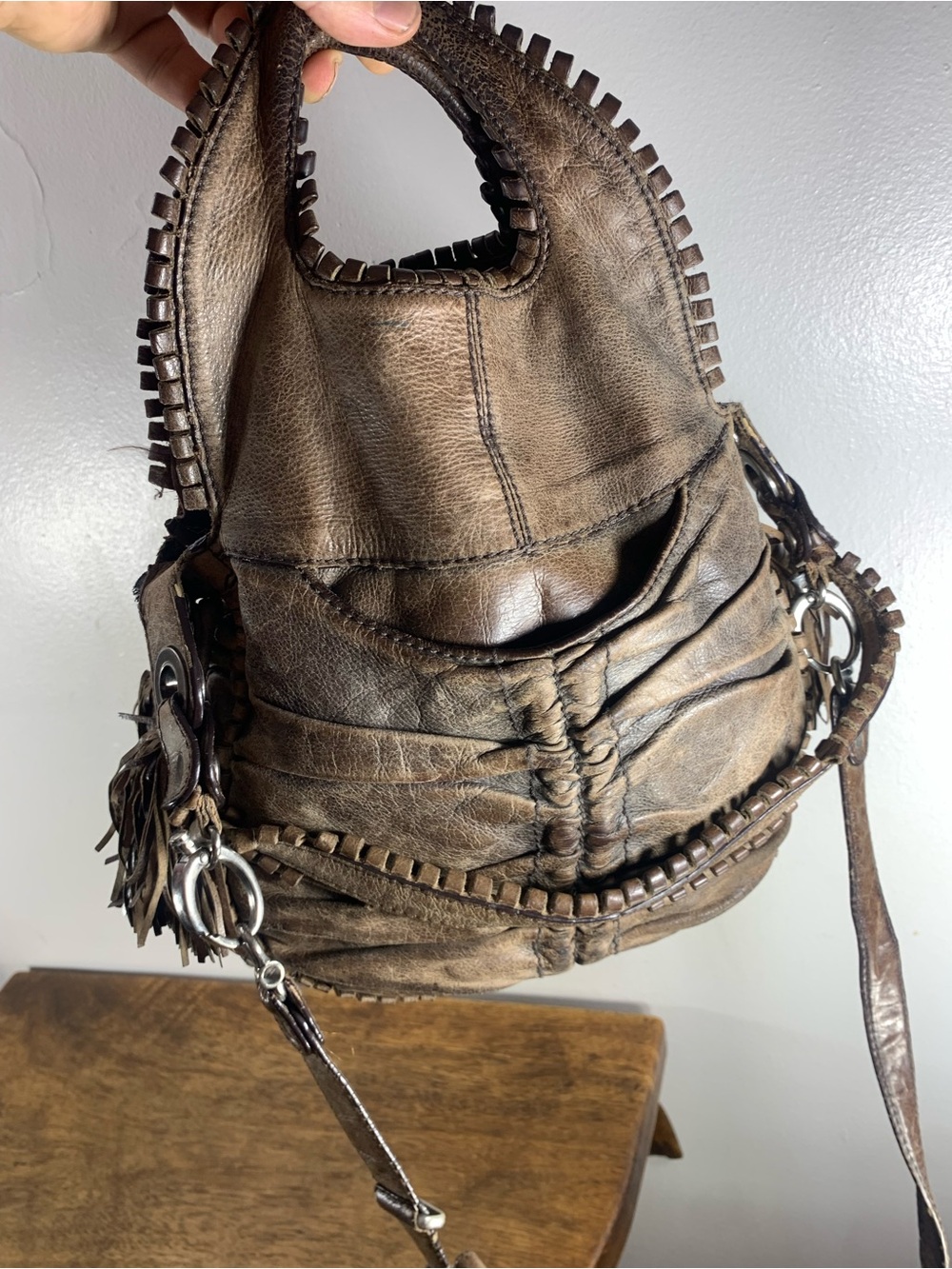 Lockheart distressed Brown leather hobo shoulder bag Tassel Whipstich Crossbody